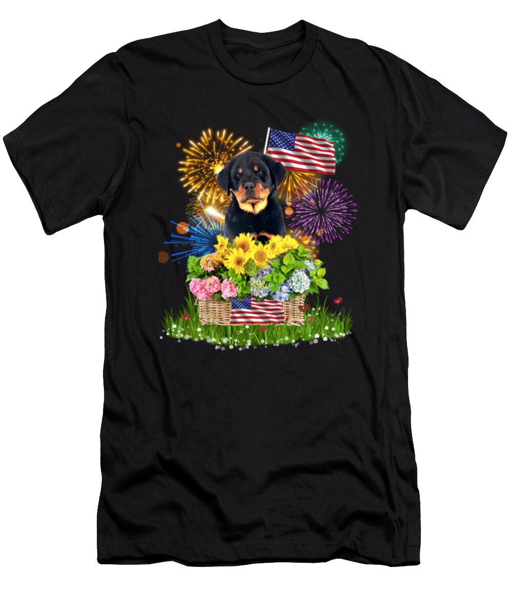 Rottweiler Puppy in Basket Fireworks Celebration Tinh Tran Le Thanh T-Shirt